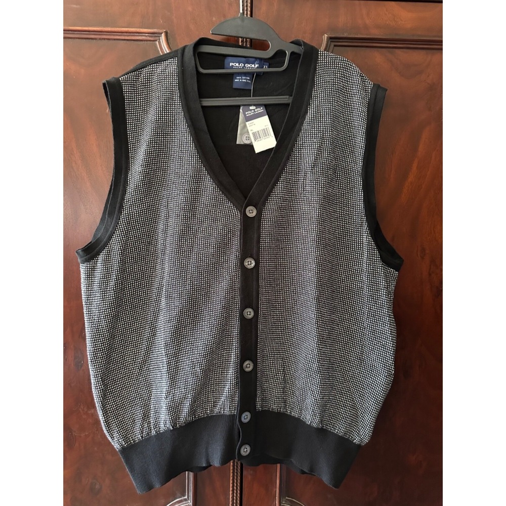 POLO GOLF Ralph Lauren Cardigan Vest Men's XL Cotton Black White Vintage 90s NWT